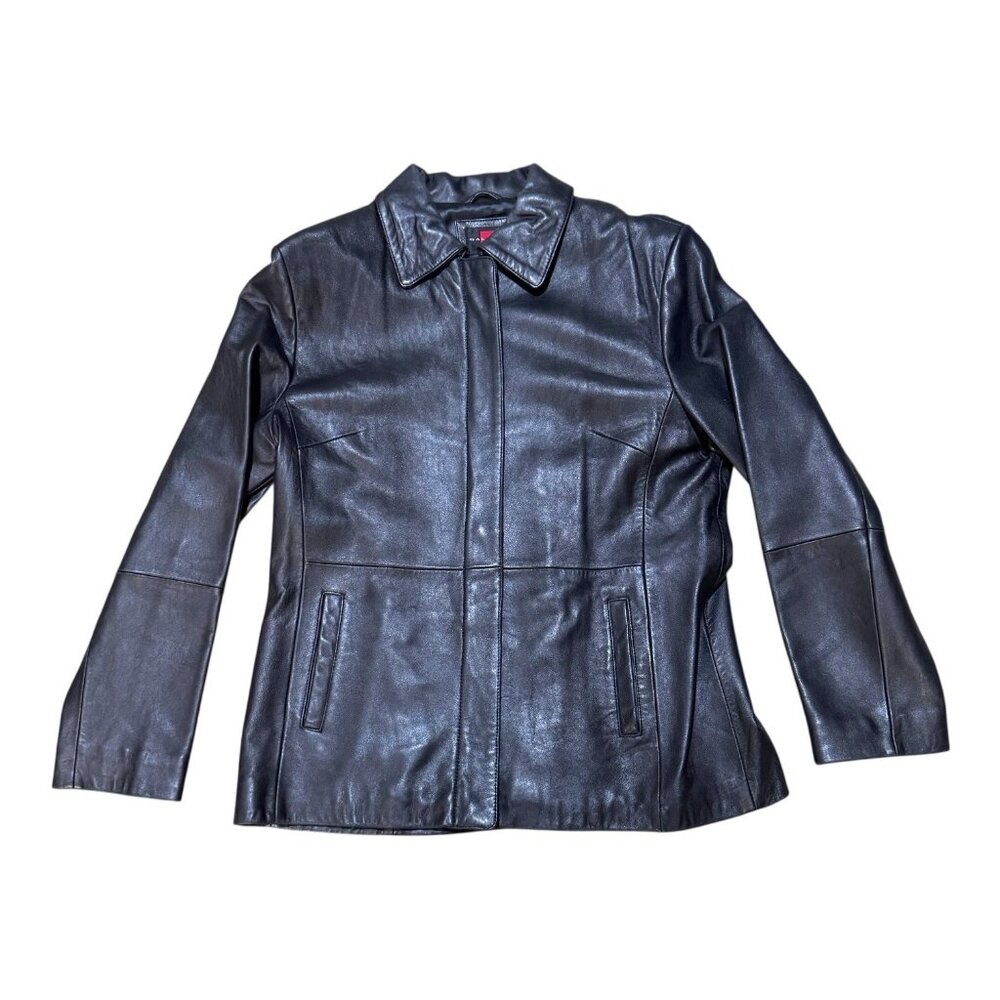 Gallery Womens Black Genuine Leather Jacket Large Fitted Pockets Collar Biker